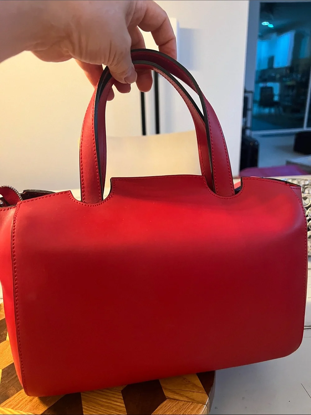 NICOLI Red Leather Satchel with Detachable Strap